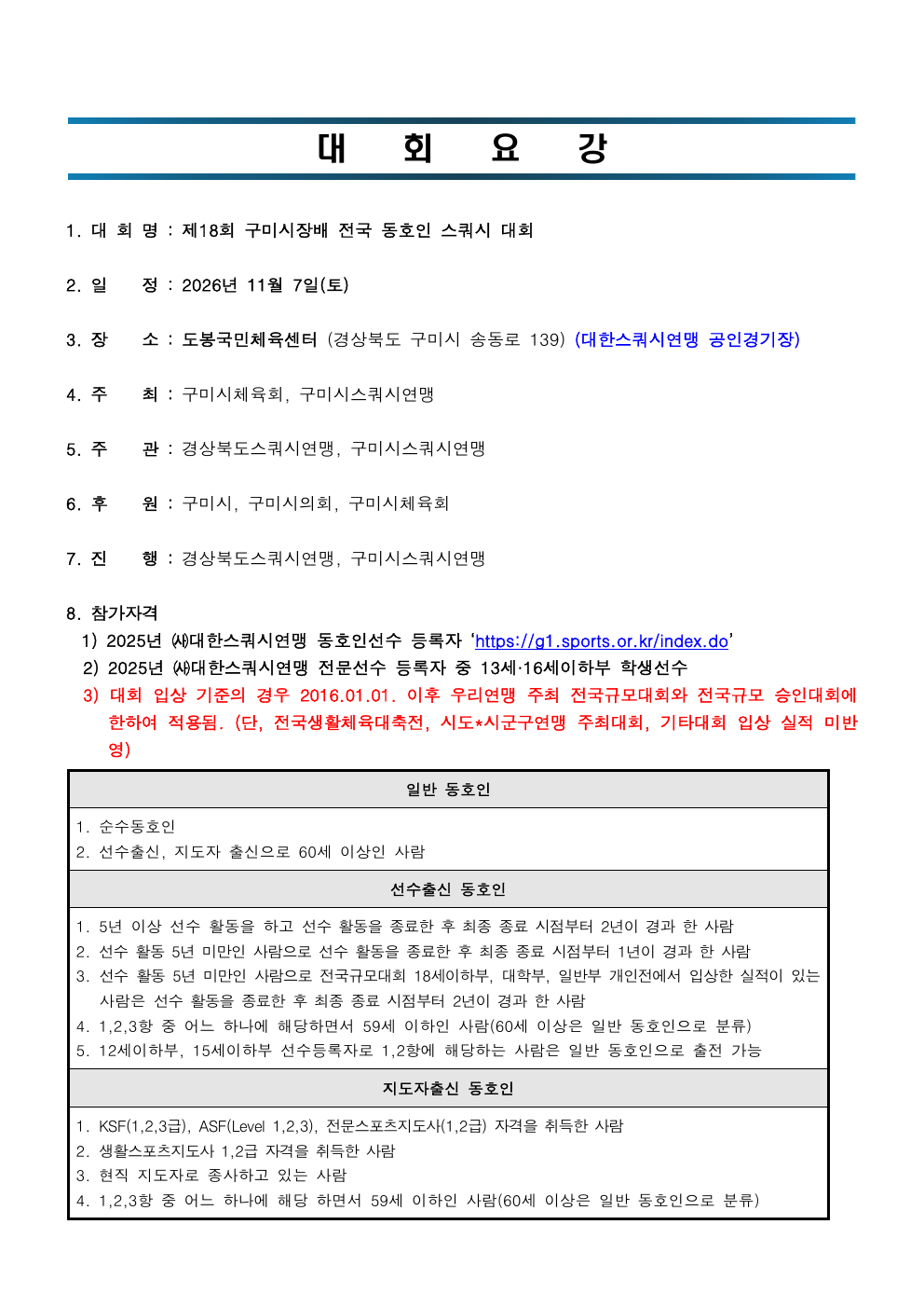제18회 구미시장배 전국 동호인 스쿼시 대회 대회 요강